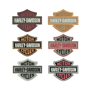 May include: A selection of Harley-Davidson Cycles logos in different colours. The logos display the words "MOTOR HARLEY-DAVIDSON CYCLES" within a shield design. Colours include red, black, orange, and silver.
