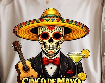 Cinco De Mayo Skelett Mann PNG - Mexikanisches Fiesta Design, Sombrero Schädel, Gitarre & Margarita, lustiges Party Shirt, Sublimation Download
