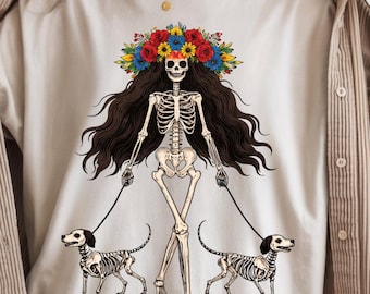 Dog Mom PNG, Skeleton Woman with Dogs, Gothic Mama Gift, Witchy Skull Girl PNG, Dog Lover Gift, Sublimation Design