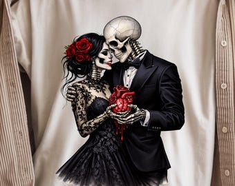 Skeleton Bride and Groom PNG Till Death Do Us Part, Gothic Wedding Skull Couple, Dark Romance Design, Anniversary Gift, DTF Sublimation File