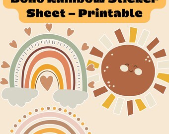 Boho Rainbow Sticker Sheet Printable, Cricut Cut File Stickers, Pastel Rainbow Stickers, Planner Sticker Sheet, Scrapbook Supplies