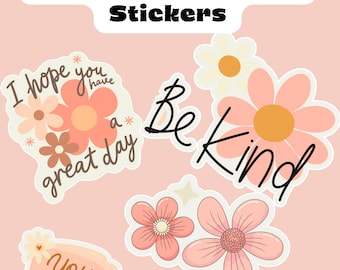 Floral Inspirational Stickers Bundle, 8 PNG Files, Cute Quote Stickers, Printable A4 Sheet, Digital Download, Daisy Rainbow PNG