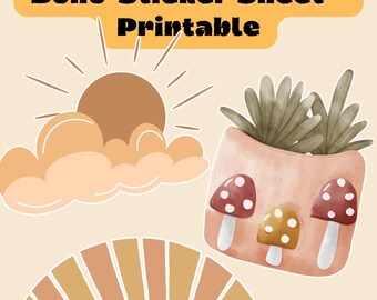 Boho Sticker Sheet Printable, Sticker Pack for Planner, Digital Download Stickers, Cute Boho Sticker PNG, Scrapbook Supplies, Printable Art