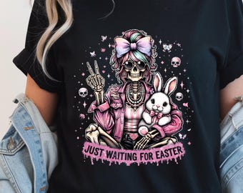 Oster-Skeletthase PNG, gruseliges niedliches Oster-Shirt-Design, Frühlings-Sublimationsdatei für Becher, POD digitaler Download