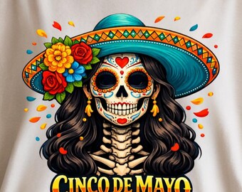 Cinco De Mayo Zucker Schädel Frau PNG, Mexikanische Fiesta Skelett Design, Sombrero Mädchen PNG, DTF Design, lustiges Party Shirt, Sofort Download