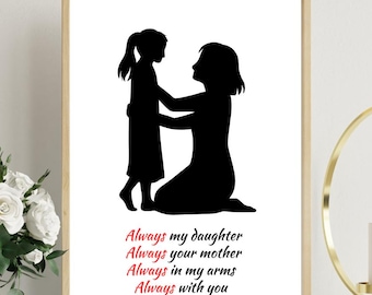 Mother and Daughter Wall Art, Printable Family Art, Emotional Silhouette Poster, Mother Daughter Quote Art, Digital Download