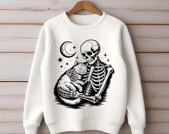 Skeleton Cat PNG Design, Gothic Schädel-Halloween-Grafik, Dark Academia Fantasy Art, lustiges niedliches gruseliges Geschenk für Katzenliebhaber