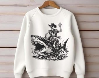 Skelett Cowboy Reithai PNG, lustiges westliches Shirt-Design, Hai-Shirt, kantiges Clipart, Ozean-Kunst, beliebtes lustiges PNG für Geschenke