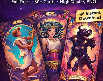 Griechische Mythologie Tarotkarten Deck, druckbare Tarotkartenset, digitale Tarotkarten, Tarotlesekunst, griechisches Tarotgeschenk, einzigartige Tarotkunst