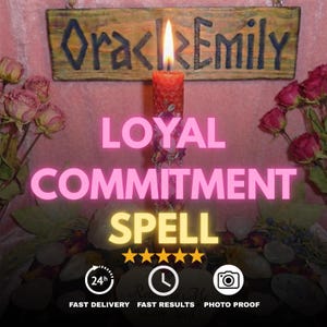 Può includere: Una candela rossa accesa con decorazioni floreali è posta davanti a un'insegna di legno con la scritta "Oracle Emily". Le parole "LOYAL COMMITMENT SPELL" sono visualizzate in neon rosa. L'immagine include icone.