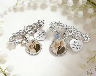 Pin con foto para ramo de novia personalizado, dije conmemorativo de cristal con texto grabado, recuerdo de novia