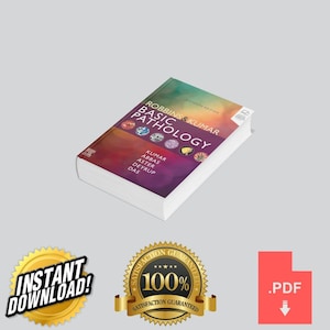 May include: A textbook titled Robbins & Kumar Basic Pathology, Eleventh Edition, featuring a gradient cover with circular microscopic images. Below are a yellow starburst badge with the text Instant Download, a gold seal, and a red PDF icon.