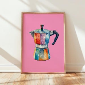 Kleurrijke mokapotposter, keukenprint met Italiaanse koffiepot in aquarelstijl op een roze achtergrond, aanpasbare achtergrondkleur, digitaal