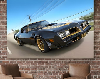 Cinematic 70s Muscle Car Canvas Print, Black and Gold Automotive Decor for Man Cave