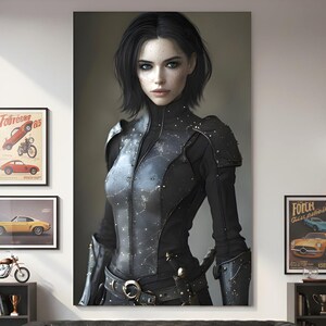 May include: A large canvas print of a woman in a black outfit with a futuristic design hangs above a black leather sofa. The room features vintage car posters, a coffee table, and a black rug. The overall theme is modern with a touch of vintage.