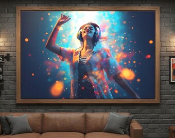Woman Dancing With Headphones | Abstract Color Burst Theme | 16K Ultra HD Canvas Print | Music Studio Wall Display | Joy | Free US Shipping!