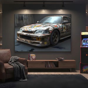 May include: A large canvas print of a weathered car covered in stickers hangs above a brown leather armchair. An arcade game machine stands to the right. The room has a dark, moody aesthetic with string lights and movie posters.