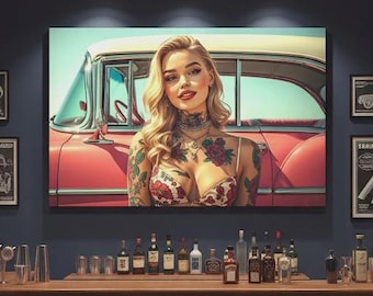 Home Bar Decor Tattooed Pinup Girl Retro Rockabilly Classic Car Wall Art Large 16K HD Poster Print