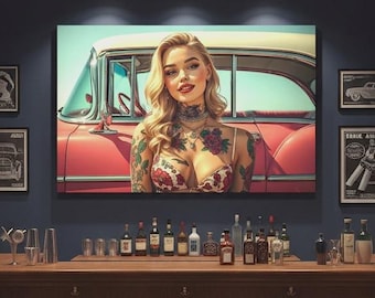Retro Rockabilly Tattooed Pinup Girl Wall Art for Home Bar | 16K HD Large Statement Canvas Print