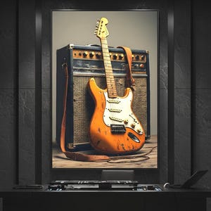 16K HD Electric Guitar Canvas Print, Vintage Amp and Relic Guitar Wall Art, Large Music Room Decor, Gallery Wrap Musician Gift, Retro Canvas image 1