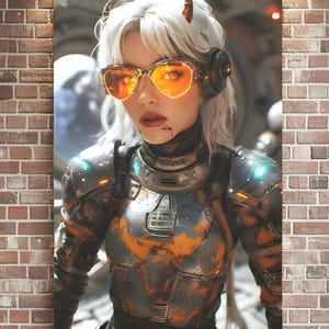 May include: A large framed print of a futuristic woman with white hair, orange sunglasses, and a metallic outfit hangs on a brick wall. The room features a gray sectional sofa, a wooden coffee table, and a large window.