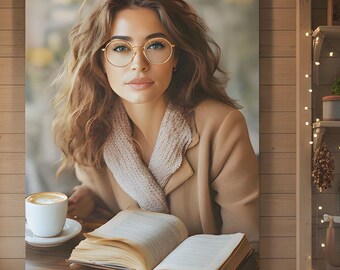 Vrouw leest koffieshopkunst – gezellig boek minnaar portret afdrukbaar (digitale download)