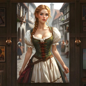 May include: A cozy room with a poker table, a brown leather sofa, and a large screen displaying a woman in traditional German attire. The room has wooden paneling, a bar, and decorative posters. A chandelier hangs above the sofa.