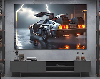 Retro tijdmachine auto afdrukbare muurkunst, bliksemstorm scifi voertuigdecor voor gamergrot