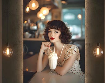 Chica de batido de cafetería vintage imprimible, arte de pared estilo pin-up de cafetería retro de los años 50 para cocina o bar.