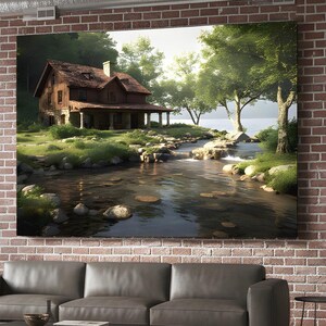 Op de afbeelding: Een groot ingelijst canvasdoek van een rustieke hut aan een rivier, tentoongesteld op een bakstenen muur. De hut is bruin met een veranda, omringd door groene bomen en gras. De kamer heeft een grijze bank, een zwarte salontafel en een groot raam.
