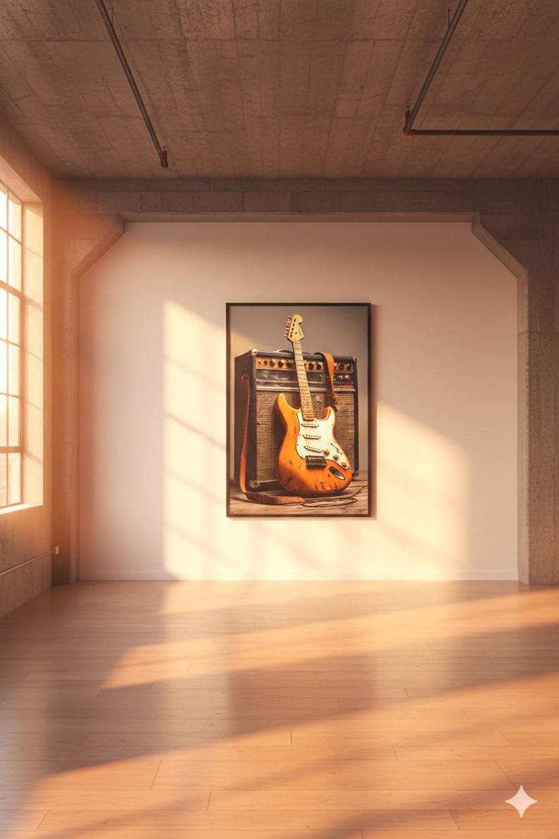 16K HD Electric Guitar Canvas Print, Vintage Amp and Relic Guitar Wall Art, Large Music Room Decor, Gallery Wrap Musician Gift, Retro Canvas image 9