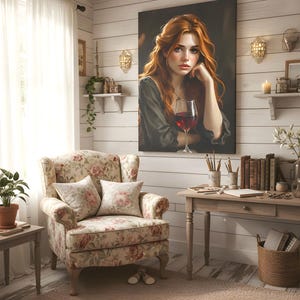May include: A comfortable interior with a floral armchair, a wooden desk with books, and a large painting of a woman with red hair holding a wine glass. The room has a warm atmosphere with soft lighting and a neutral colour palette.