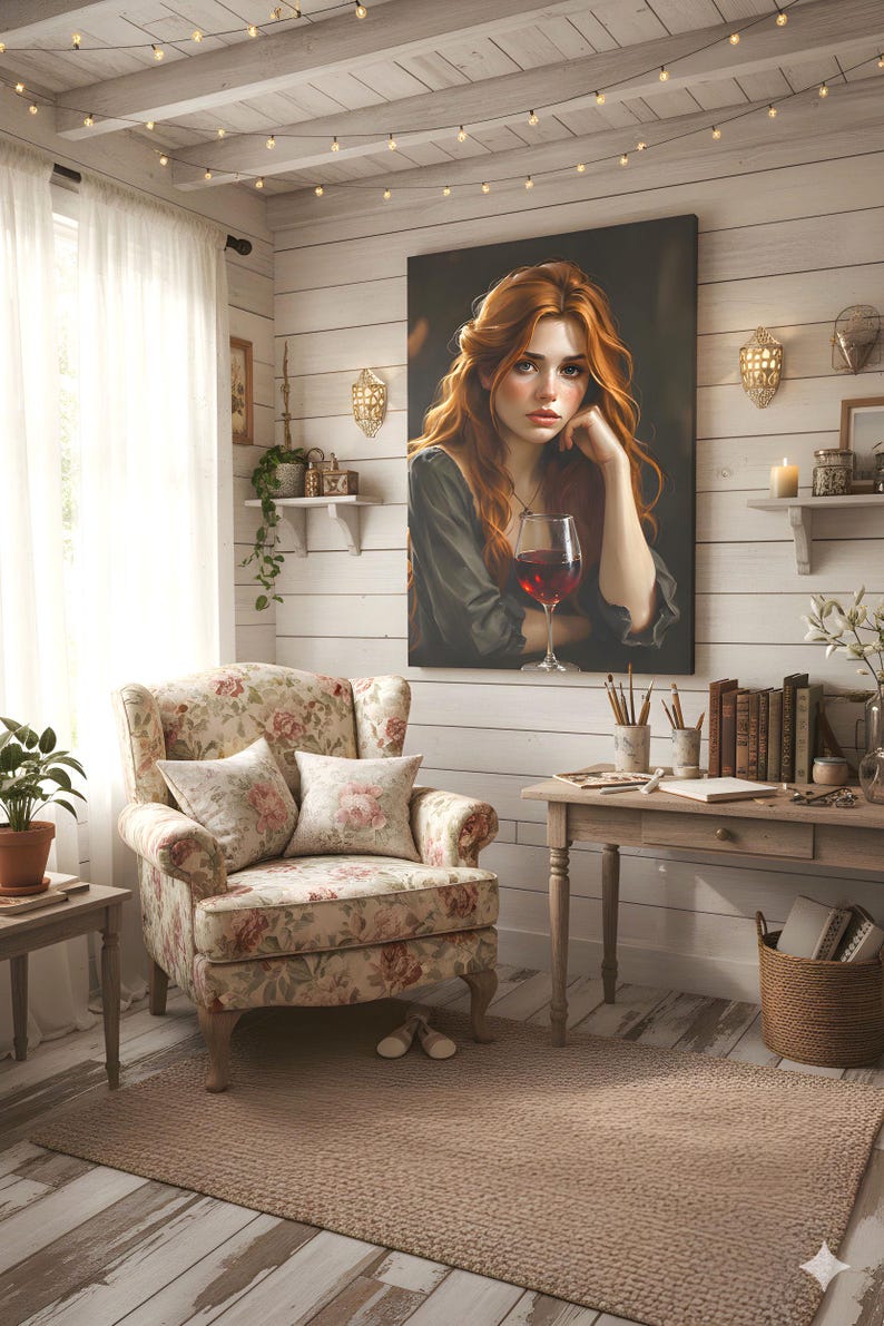 May include: A comfortable interior with a floral armchair, a wooden desk with books, and a large painting of a woman with red hair holding a wine glass. The room has a warm atmosphere with soft lighting and a neutral colour palette.