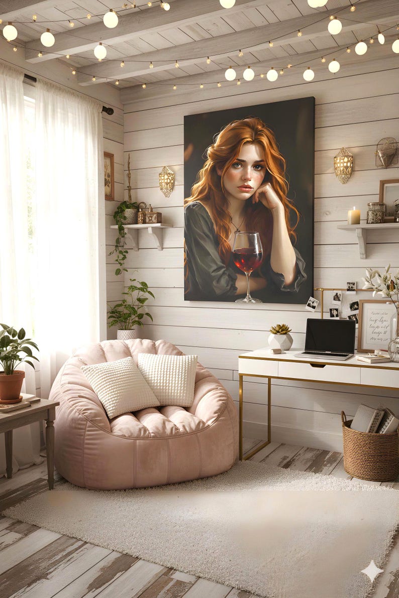 May include: A comfortable room with a large canvas print of a woman holding a glass of red wine. The room features a pink beanbag chair with white cushions, a white desk with a laptop, and fairy lights.