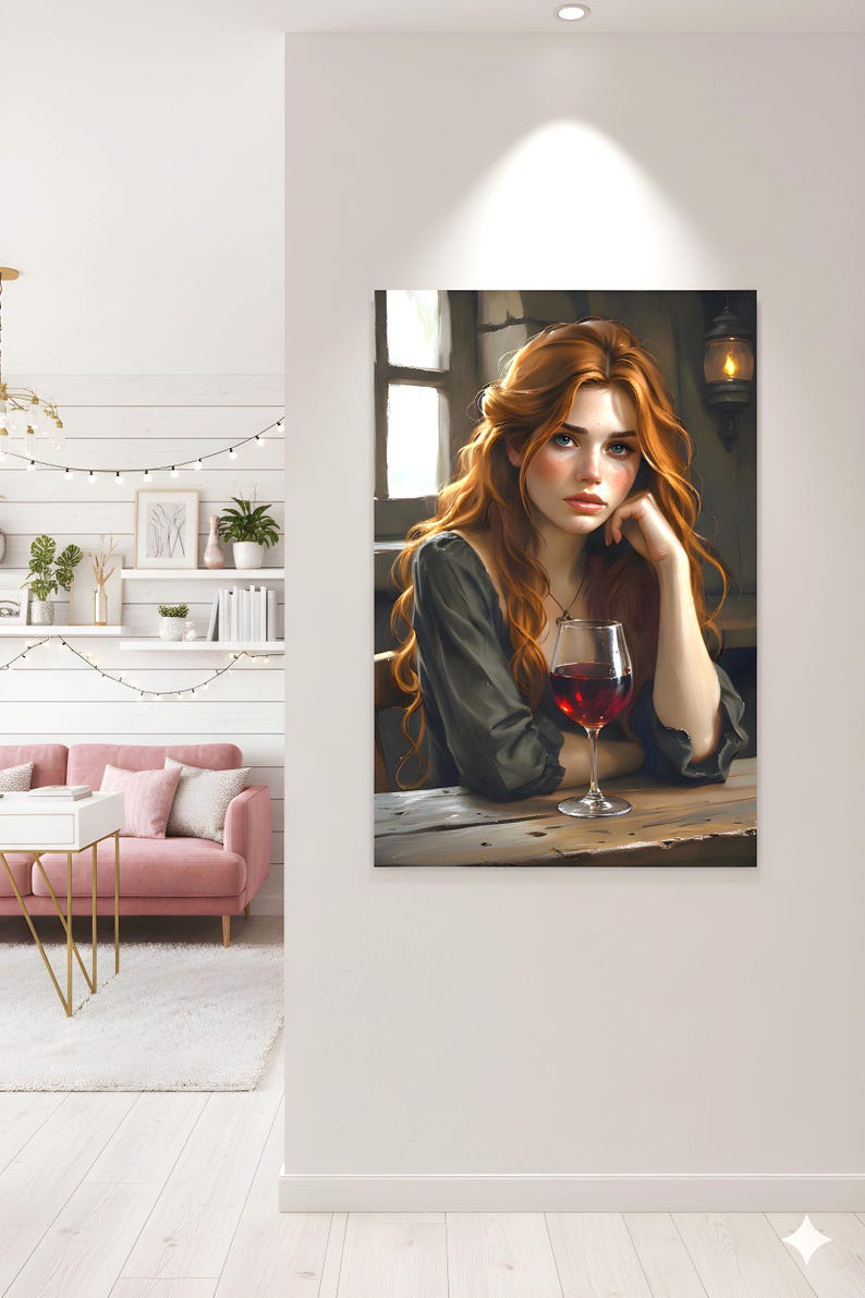 May include: Digital art print depicting a woman with flowing red hair, wearing a dark green dress, seated at a wooden table with a glass of red wine. The artwork is mounted on a white wall, with a hint of a living room visible.