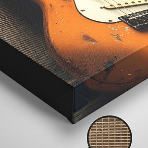 May include: Close-up of a canvas print featuring a vintage orange electric guitar. The guitar has a white pickguard and is set against a textured background. The print detail is 16K Ultra Hi-Res, with a 1.25" gallery wrap, ready to hang.