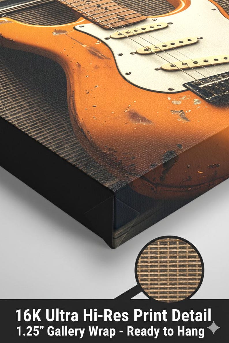 May include: Close-up of a canvas print featuring a vintage orange electric guitar. The guitar has a white pickguard and is set against a textured background. The print detail is 16K Ultra Hi-Res, with a 1.25" gallery wrap, ready to hang.