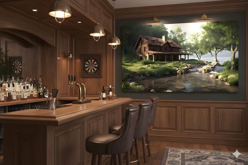 Op de afbeelding: Een goed verlichte houten bar met krukken, kranen en flessen. Een dartbord hangt aan de muur. Boven de bar hangt een groot landschapsschilderij van een hut aan een rivier. De bar heeft een klassieke, uitnodigende sfeer.