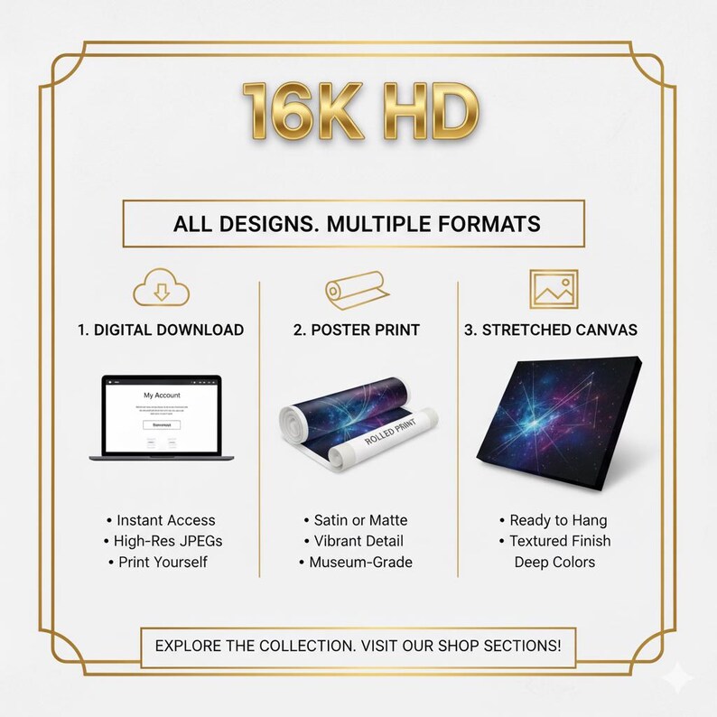 Op de afbeelding: Een advertentie voor kunstdrukken en digitale downloads. De afbeelding toont drie opties: digitale download, posterprint en canvasdoek. Tekst bevat "16K HD" en "All Designs. Multiple Formats."