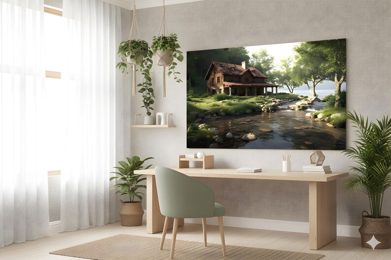 Op de afbeelding: Een ingelijste canvas print van een sereen landschap met een houten hut naast een rivier. Het kunstwerk toont weelderig groen, bomen en een heldere lucht, waardoor een vredige sc&egrave;ne ontstaat. De print wordt boven een houten bureau weergegeven.