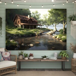Op de afbeelding: Een groot canvasdoek met een rustiek huisje aan een rivier, omgeven door weelderig groen. Het kunstwerk toont een gedetailleerd landschap met een serene sfeer, ideaal voor de inrichting van een huis. De sc&egrave;ne omvat bomen, water en een houten huis.