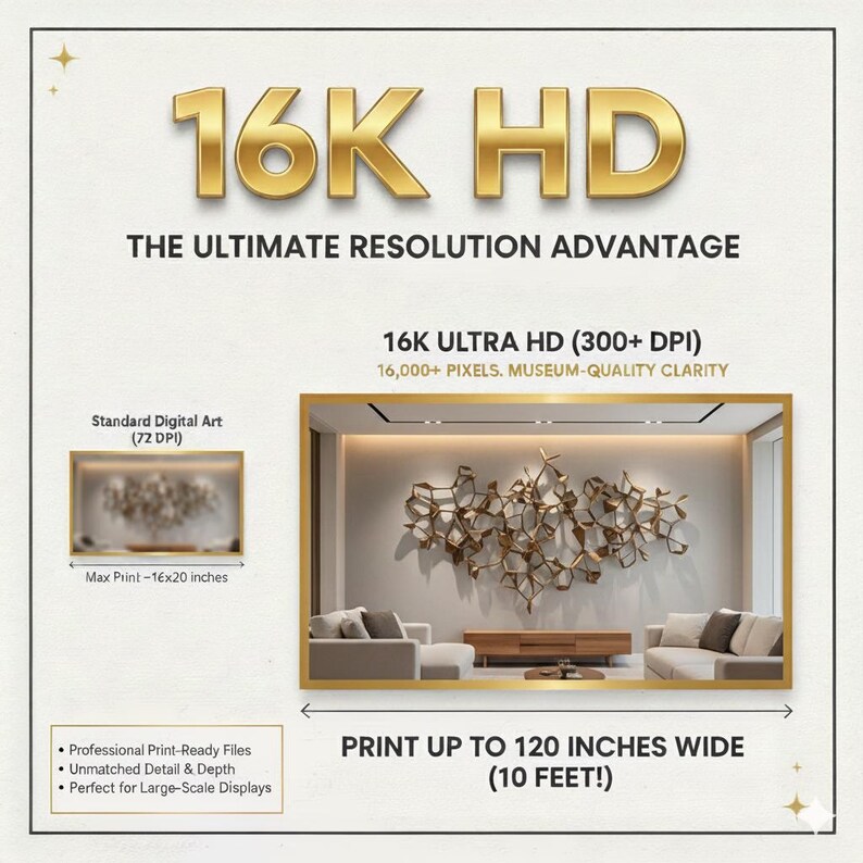 Op de afbeelding: Afbeelding die 16K HD-resolutie promoot. Tekst luidt "Het ultieme resolutievoordeel" en "Print tot 305 cm breed". Bevat een voorbeeld van digitale kunst en een kamer met een grote wandsculptuur.
