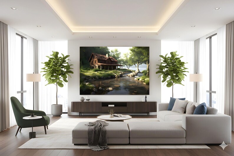 Op de afbeelding: Een moderne woonkamer met een groot landschapsschilderij van een hut aan een rivier. De kamer heeft een witte hoekbank, een groene fauteuil en twee hoge planten in potten. Een salontafel en een donkerhouten entertainmentcenter maken de ruimte compleet.