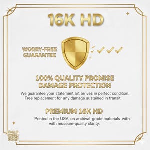 Op de afbeelding: Goudkleurige afbeelding met de tekst "16K HD" en een schildpictogram. De afbeelding bevat de woorden "Zorgeloze garantie", "100% kwaliteitsbelofte Bescherming tegen schade" en "Premium 16K HD". De tekst vermeldt dat het product in de VS is gedrukt.