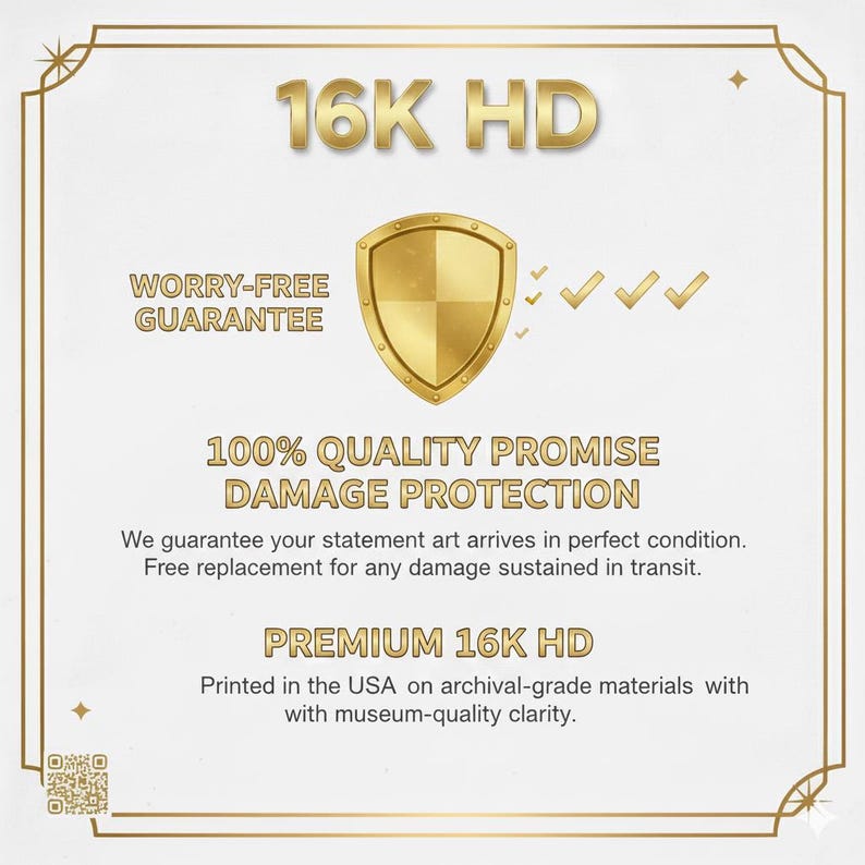 Op de afbeelding: Goudkleurige afbeelding met de tekst "16K HD" en een schildpictogram. De afbeelding bevat de woorden "Zorgeloze garantie", "100% kwaliteitsbelofte Bescherming tegen schade" en "Premium 16K HD". De tekst vermeldt dat het product in de VS is gedrukt.