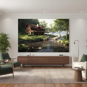 Op de afbeelding: Een groot ingelijst canvasdoek met een rustiek huisje aan een rivier, omgeven door weelderig groen. Het kunstwerk wordt tentoongesteld boven een houten console in een moderne woonkamer. De kamer heeft groene fauteuils, een witte bank en potplanten.