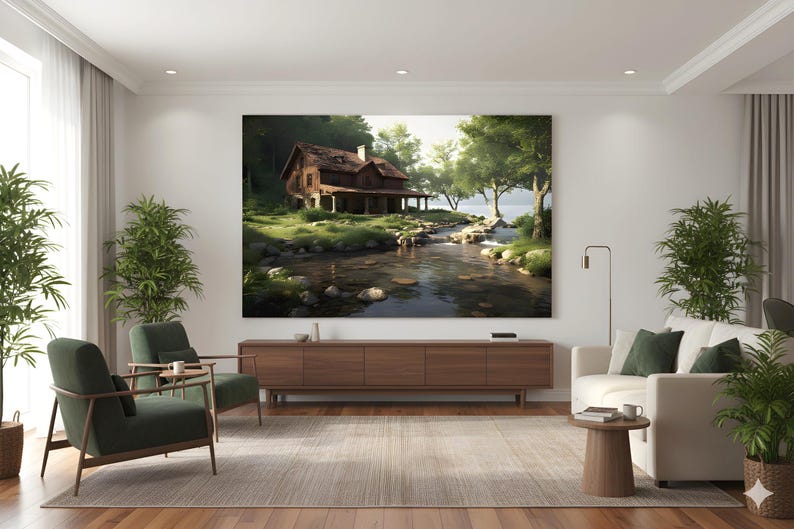 Op de afbeelding: Een groot ingelijst canvasdoek met een rustiek huisje aan een rivier, omgeven door weelderig groen. Het kunstwerk wordt tentoongesteld boven een houten console in een moderne woonkamer. De kamer heeft groene fauteuils, een witte bank en potplanten.