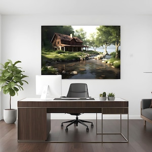 Op de afbeelding: Een groot ingelijst canvasdoek van een hut aan een rivier hangt boven een modern bureau. De hut is bruin met een groen dak, gelegen in een weelderig groen landschap. Een computer, stoel en bank maken de kantoorinrichting compleet.