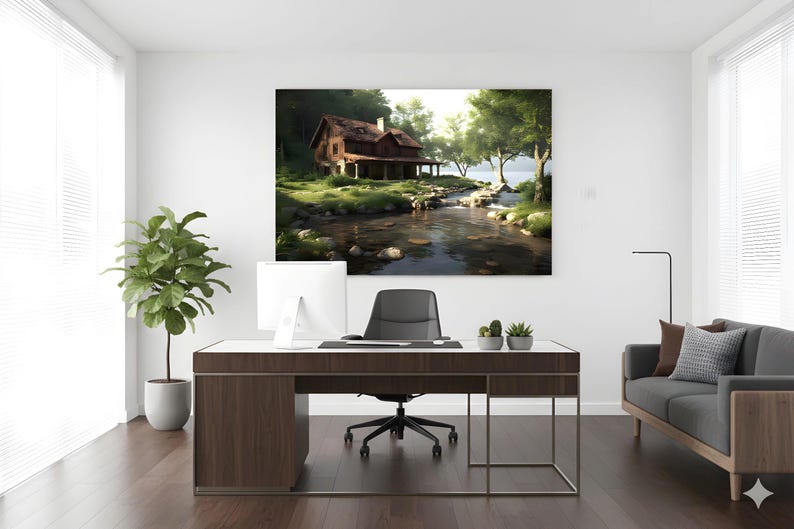 Op de afbeelding: Een groot ingelijst canvasdoek van een hut aan een rivier hangt boven een modern bureau. De hut is bruin met een groen dak, gelegen in een weelderig groen landschap. Een computer, stoel en bank maken de kantoorinrichting compleet.