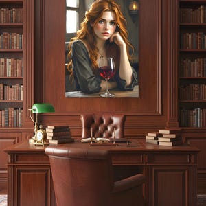 May include: A painting of a woman with red hair and a glass of red wine, displayed in a wood-panelled room. The room features a desk, leather chair, books, and a green desk lamp. The setting suggests a library or study.